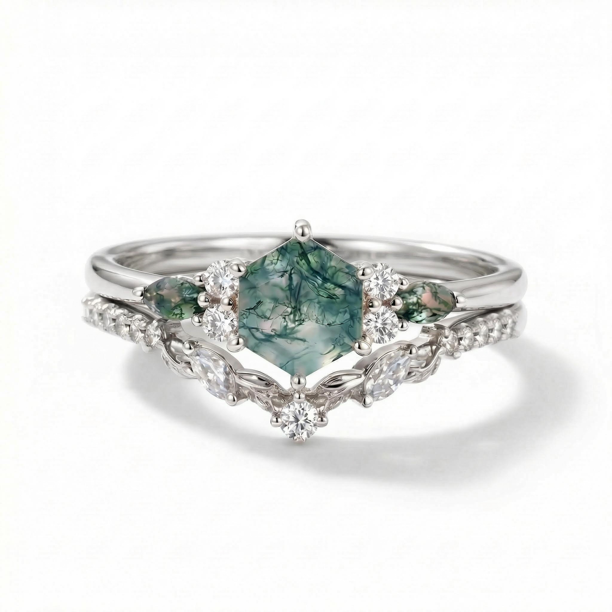 1.42CT Hexagon & Marquise Moss Agate With Leaf Accents S925 Silver Engagement Ring Set