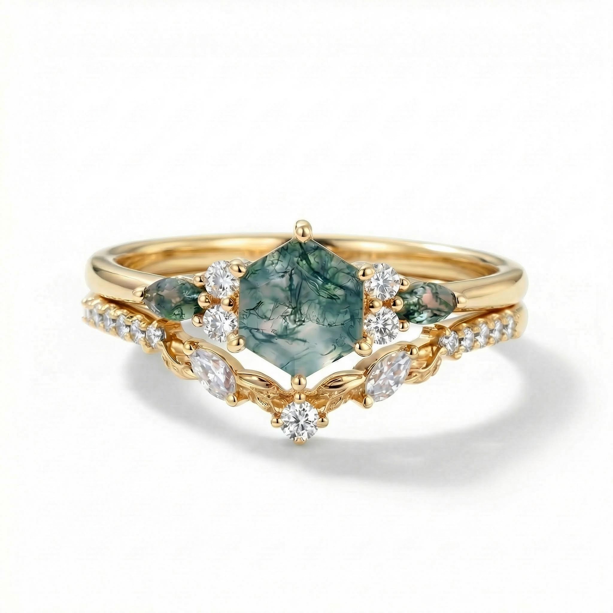 1.42CT Hexagon & Marquise Moss Agate With Leaf Accents S925 Silver Engagement Ring Set