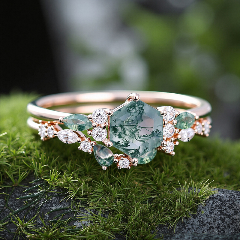 1.425CT Hexagon & Marquise & Pear Cut Moss Agate Nature Vibe S925 Silver Engagement Ring Set