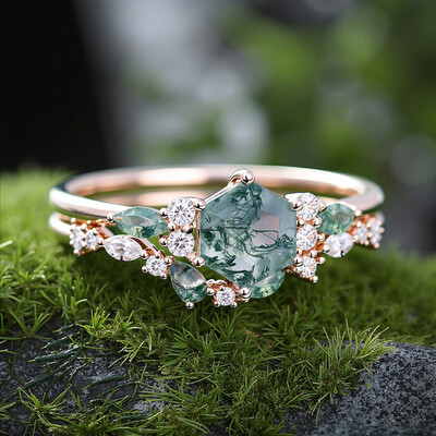 1.425CT Hexagon & Marquise & Pear Cut Moss Agate Nature Vibe S925 Silver Engagement Ring Set