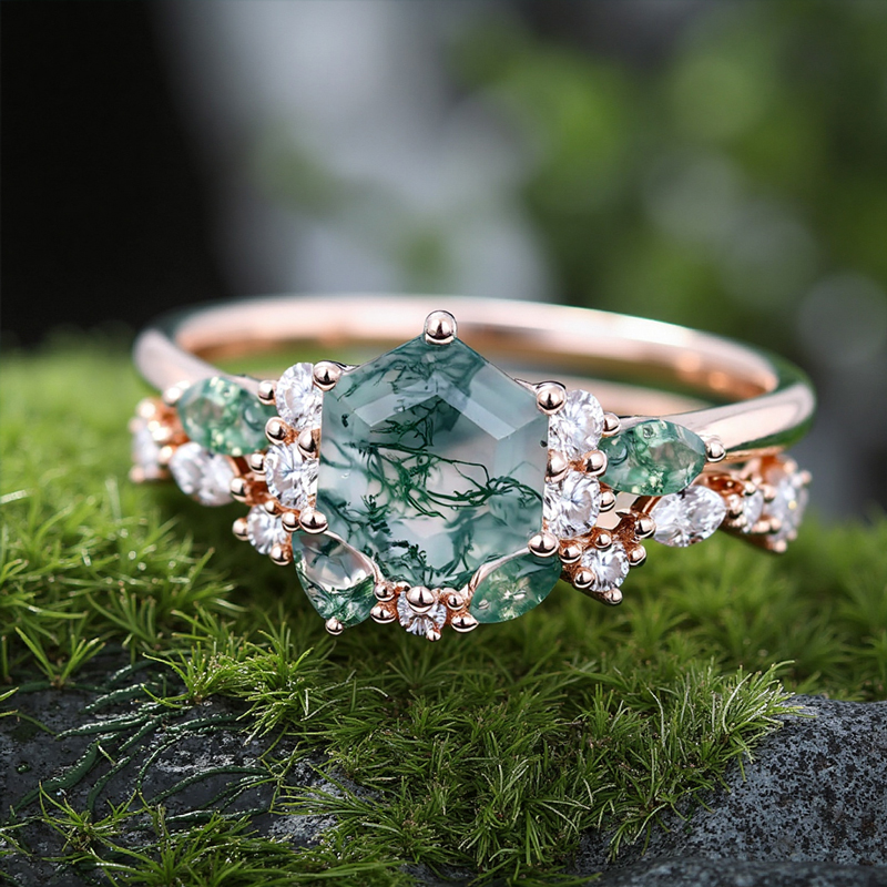 1.425CT Hexagon & Marquise & Pear Cut Moss Agate Nature Vibe S925 Silver Engagement Ring Set