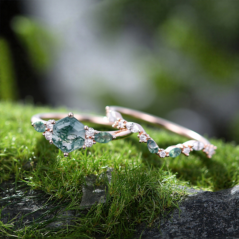 1.425CT Hexagon & Marquise & Pear Cut Moss Agate Nature Vibe S925 Silver Engagement Ring Set