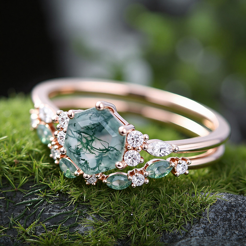 1.425CT Hexagon & Marquise & Pear Cut Moss Agate Nature Vibe S925 Silver Engagement Ring Set