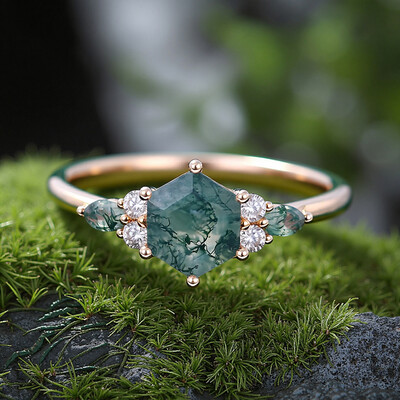 1.18CT Hexagon & Marquise Cut Moss Agate S925 Silver Promise Engagement Ring