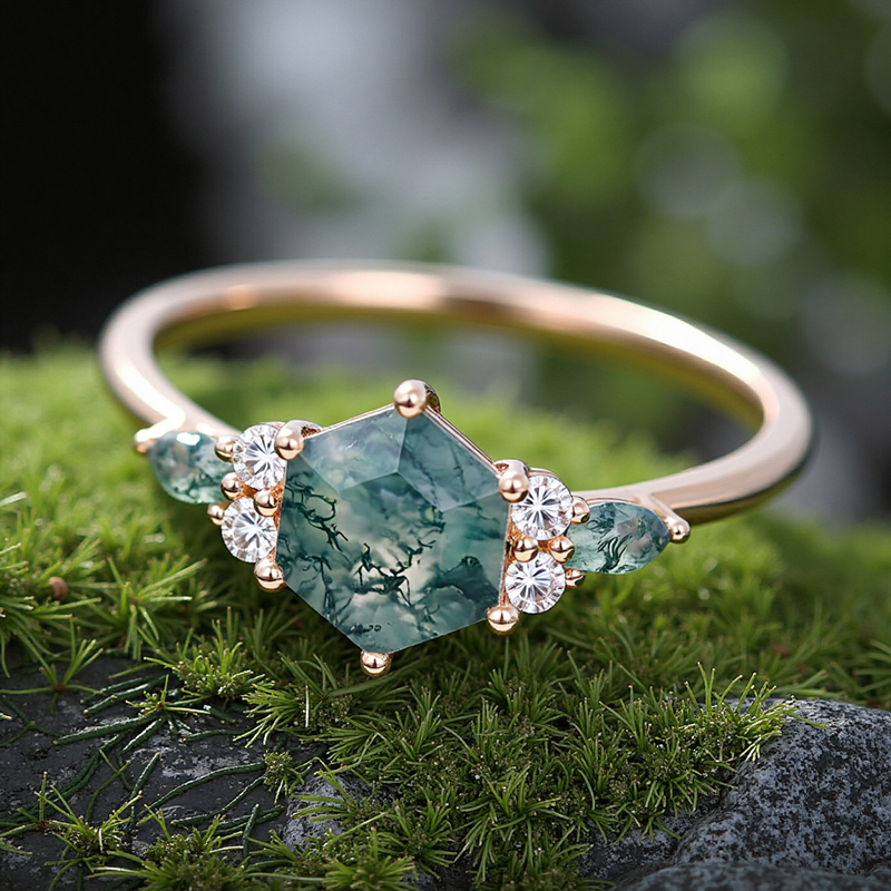 1.18CT Hexagon & Marquise Cut Moss Agate S925 Silver Promise Engagement Ring