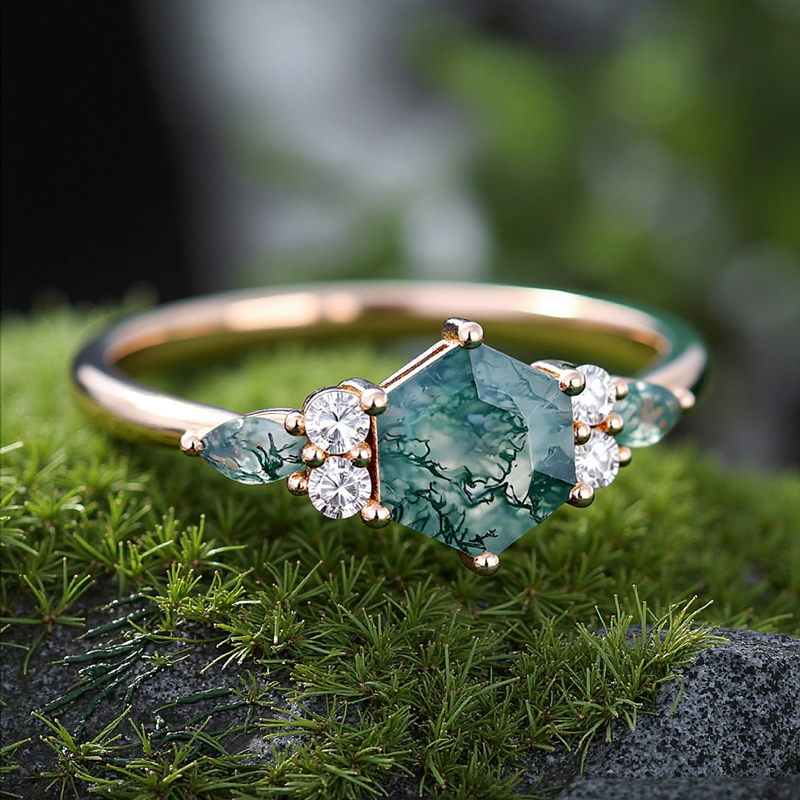 1.18CT Hexagon & Marquise Cut Moss Agate S925 Silver Promise Engagement Ring