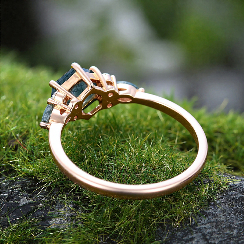 1.18CT Hexagon & Marquise Cut Moss Agate S925 Silver Promise Engagement Ring