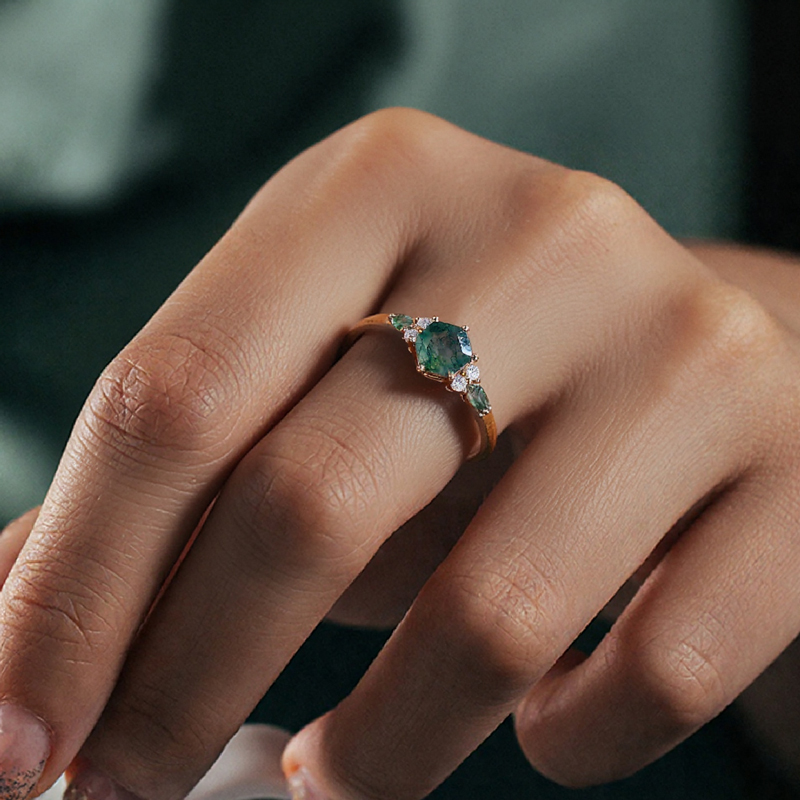 1.18CT Hexagon & Marquise Cut Moss Agate S925 Silver Promise Engagement Ring