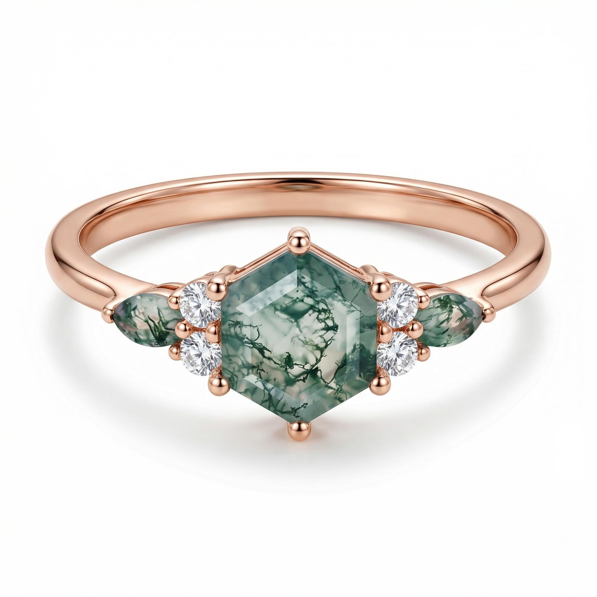 1.18CT Hexagon & Marquise Cut Moss Agate S925 Silver Promise Engagement Ring