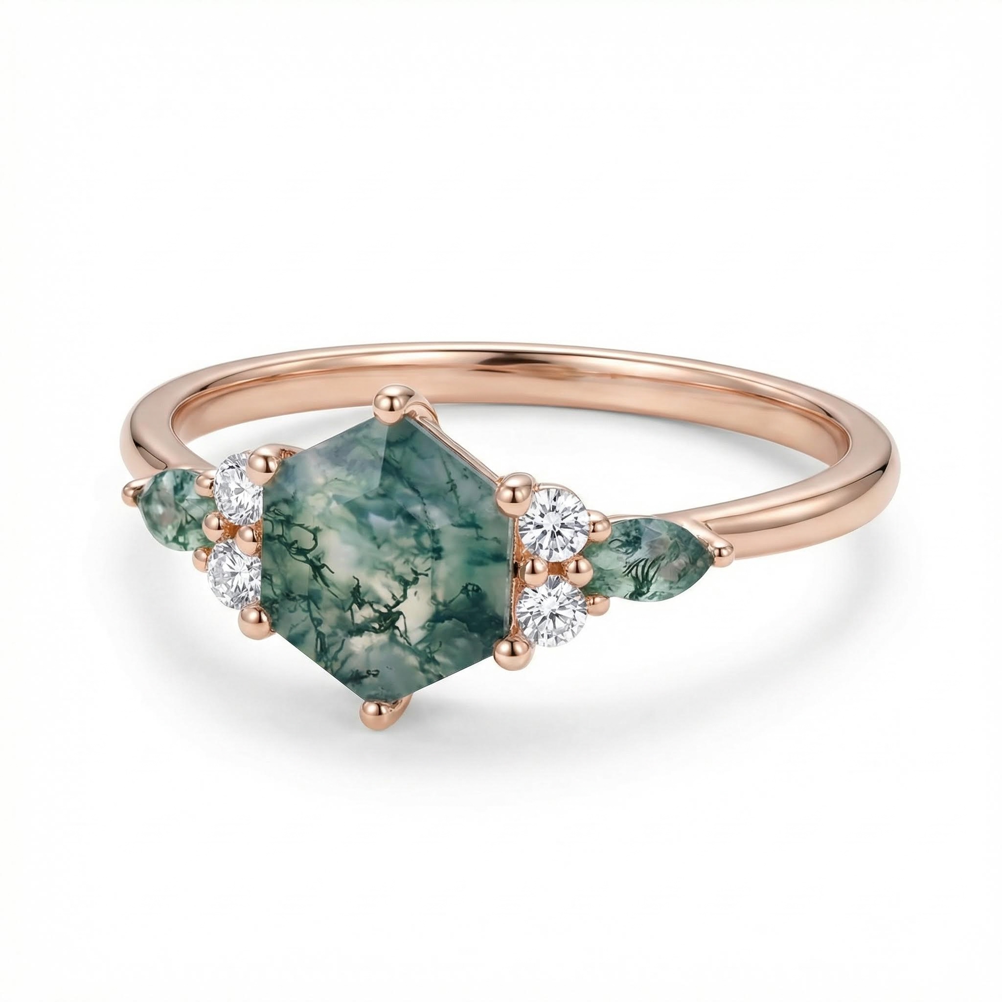 1.18CT Hexagon & Marquise Cut Moss Agate S925 Silver Promise Engagement Ring