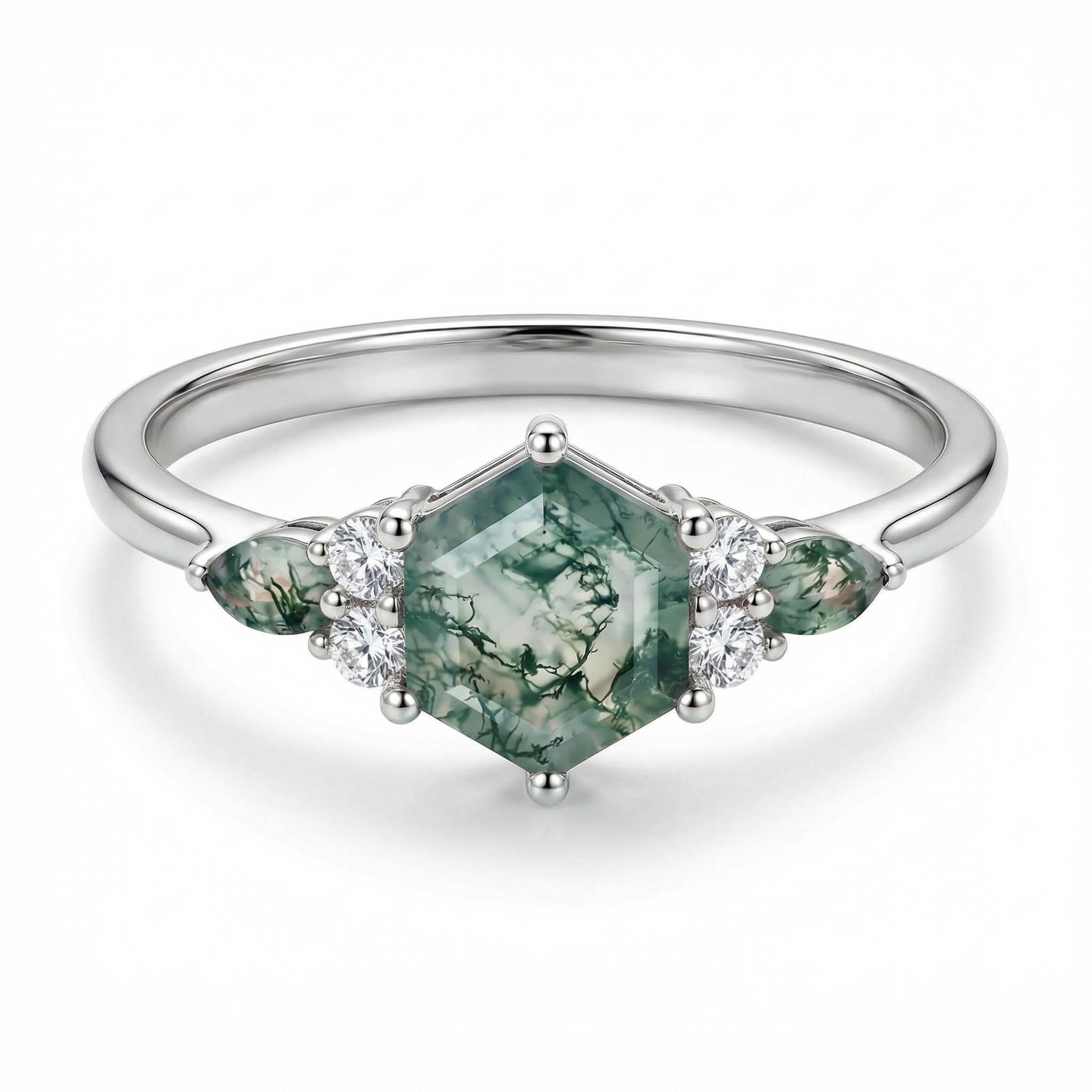 1.18CT Hexagon & Marquise Cut Moss Agate S925 Silver Promise Engagement Ring