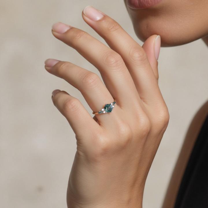 1.18CT Hexagon & Marquise Cut Moss Agate S925 Silver Promise Engagement Ring