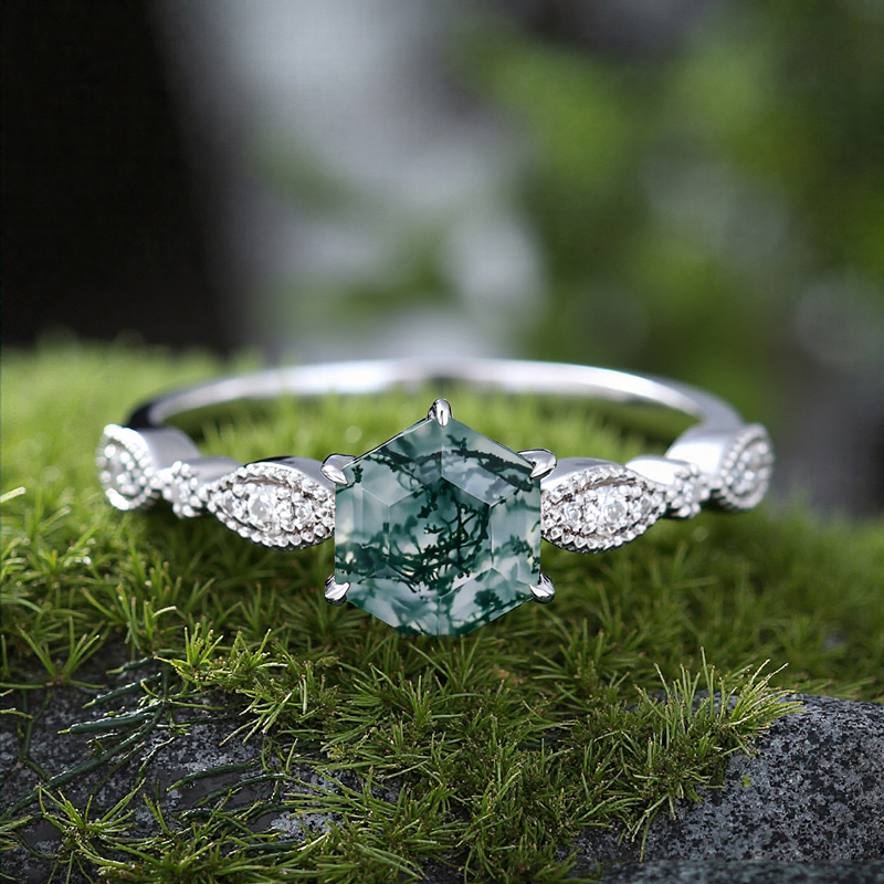 1.17CT Hexagon Cut Moss Agate & Round Cut S925 Silver Moissanite Milgrain Design Promise Engagement Ring