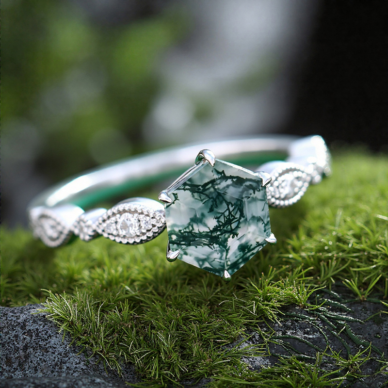 1.17CT Hexagon Cut Moss Agate & Round Cut S925 Silver Moissanite Milgrain Design Promise Engagement Ring