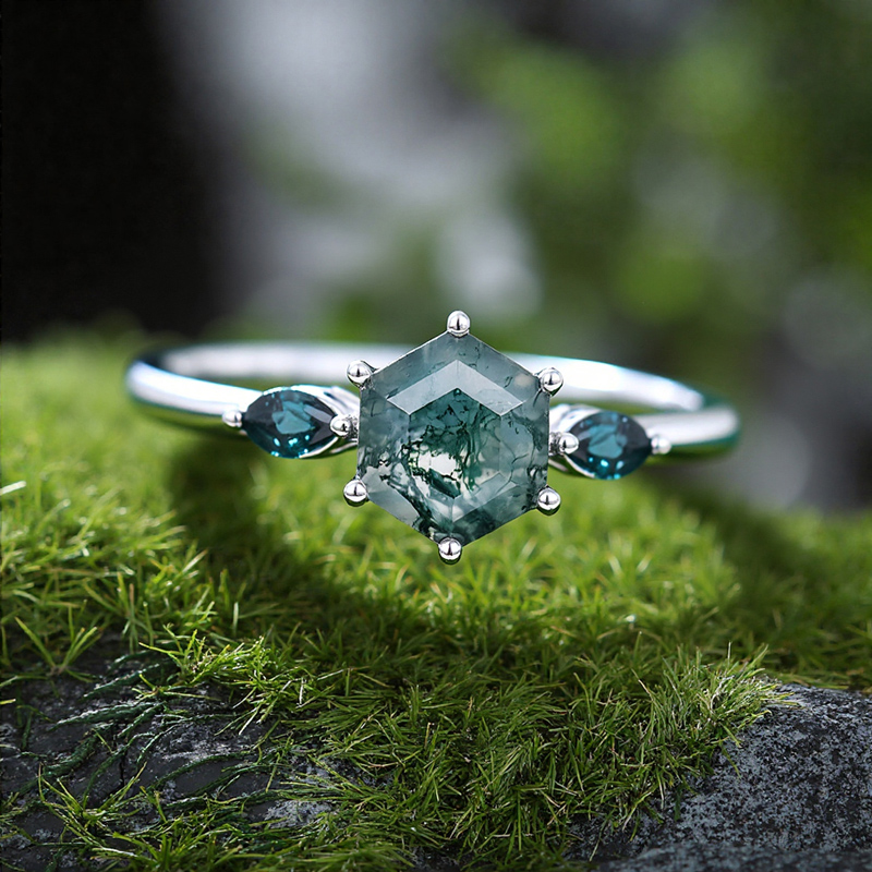 1.06CT Hexagon Cut Moss Agate & Marquise Sapphire S925 Silver Accented Promise Engagement Ring 1.06CT Hexagon Cut Moss Agate & Marquise Sapphire S925 Silver Accented Promise Engagement Ring