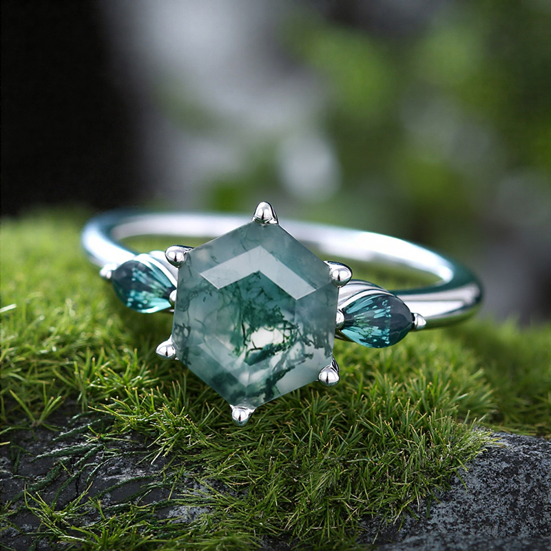 1.06CT Hexagon Cut Moss Agate & Marquise Sapphire S925 Silver Accented Promise Engagement Ring 1.06CT Hexagon Cut Moss Agate & Marquise Sapphire S925 Silver Accented Promise Engagement Ring