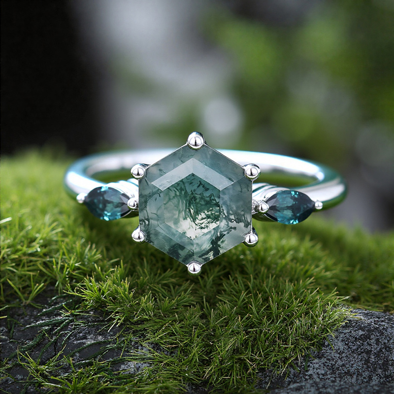 1.06CT Hexagon Cut Moss Agate & Marquise Sapphire S925 Silver Accented Promise Engagement Ring 1.06CT Hexagon Cut Moss Agate & Marquise Sapphire S925 Silver Accented Promise Engagement Ring