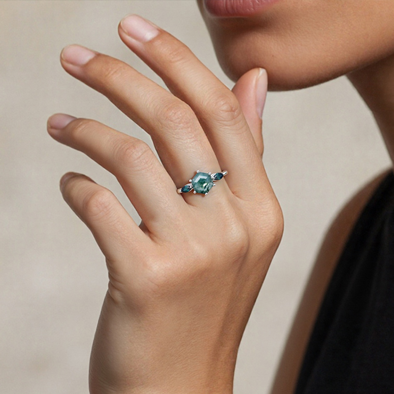 1.06CT Hexagon Cut Moss Agate & Marquise Sapphire S925 Silver Accented Promise Engagement Ring 1.06CT Hexagon Cut Moss Agate & Marquise Sapphire S925 Silver Accented Promise Engagement Ring
