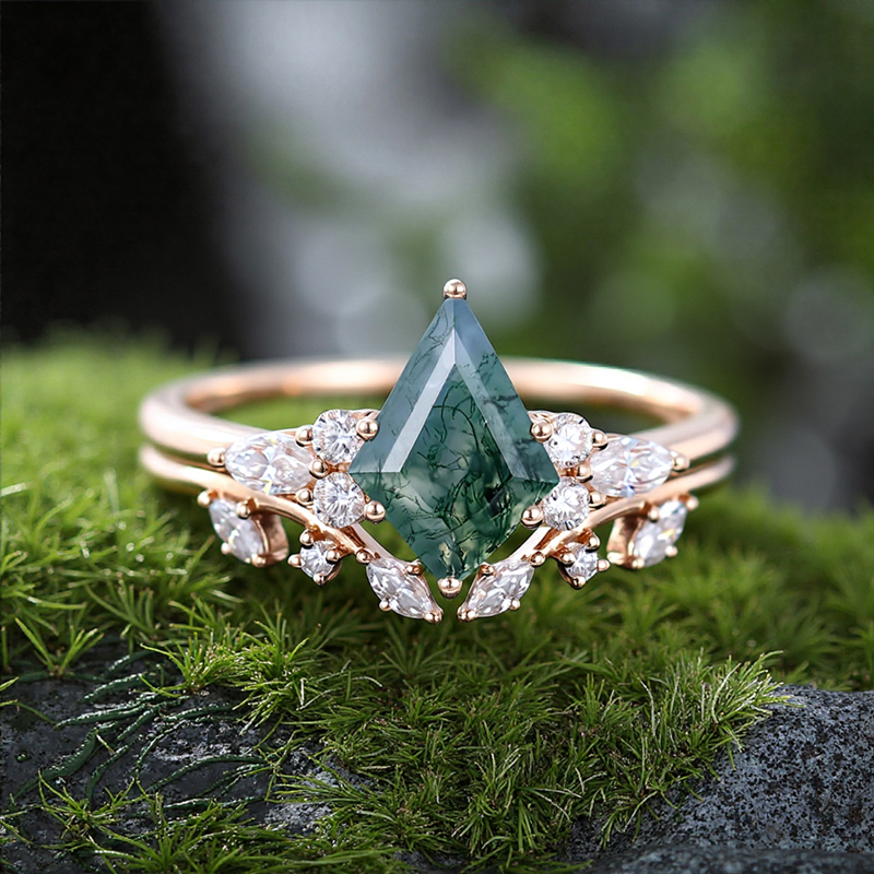 1.57CT Kite Cut Moss Agate & Round Cut Moissanite S925 Silver Vintage Inspired Engagement Ring Set