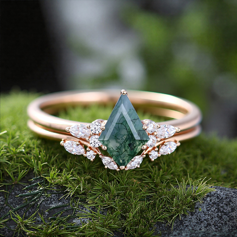 1.57CT Kite Cut Moss Agate & Round Cut Moissanite S925 Silver Vintage Inspired Engagement Ring Set