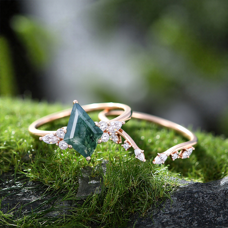 1.57CT Kite Cut Moss Agate & Round Cut Moissanite S925 Silver Vintage Inspired Engagement Ring Set