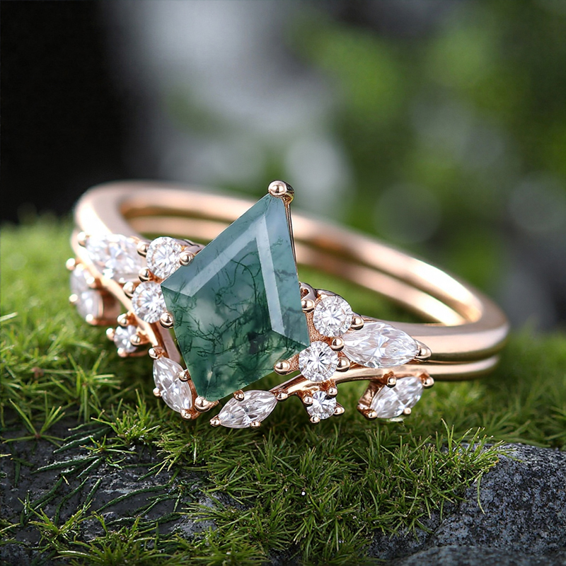 1.57CT Kite Cut Moss Agate & Round Cut Moissanite S925 Silver Vintage Inspired Engagement Ring Set