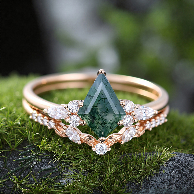 1.68CT Kite Cut Moss Agate & Round Moissanite With Leaf Accents S925 Silver Engagement Ring Set