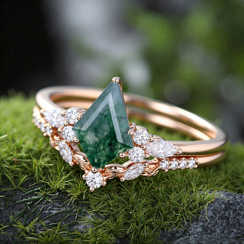 1.68CT Kite Cut Moss Agate & Round Moissanite With Leaf Accents S925 Silver Engagement Ring Set