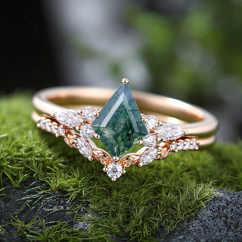 1.68CT Kite Cut Moss Agate & Round Moissanite With Leaf Accents S925 Silver Engagement Ring Set