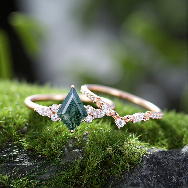 1.68CT Kite Cut Moss Agate & Round Moissanite With Leaf Accents S925 Silver Engagement Ring Set