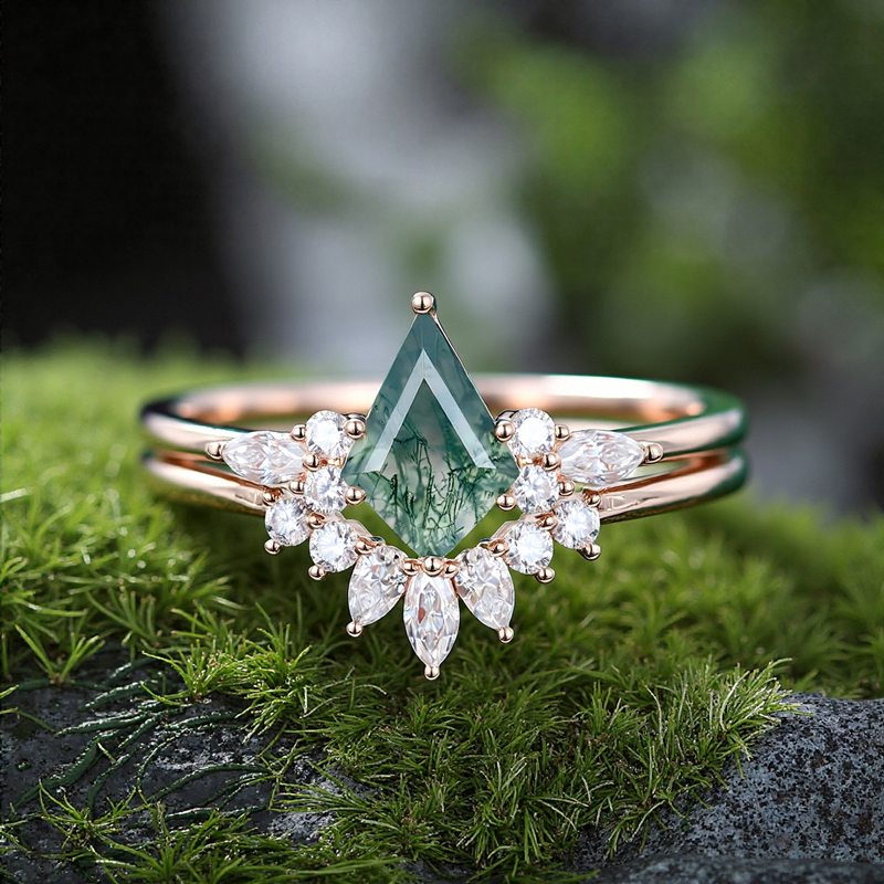 1.73CT Kite Cut Moss Agate & Round Moissanite S925 Silver Engagement Ring Set
