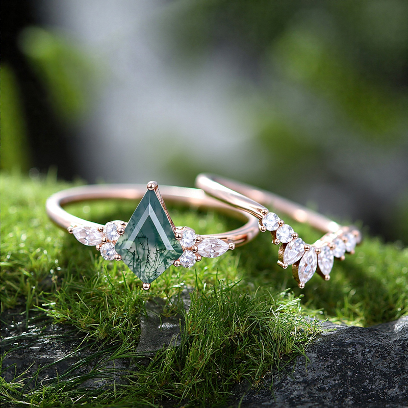 1.73CT Kite Cut Moss Agate & Round Moissanite S925 Silver Engagement Ring Set