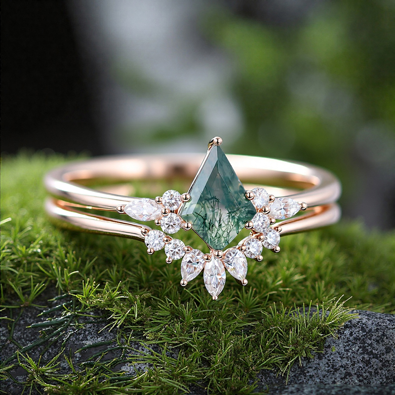 1.73CT Kite Cut Moss Agate & Round Moissanite S925 Silver Engagement Ring Set