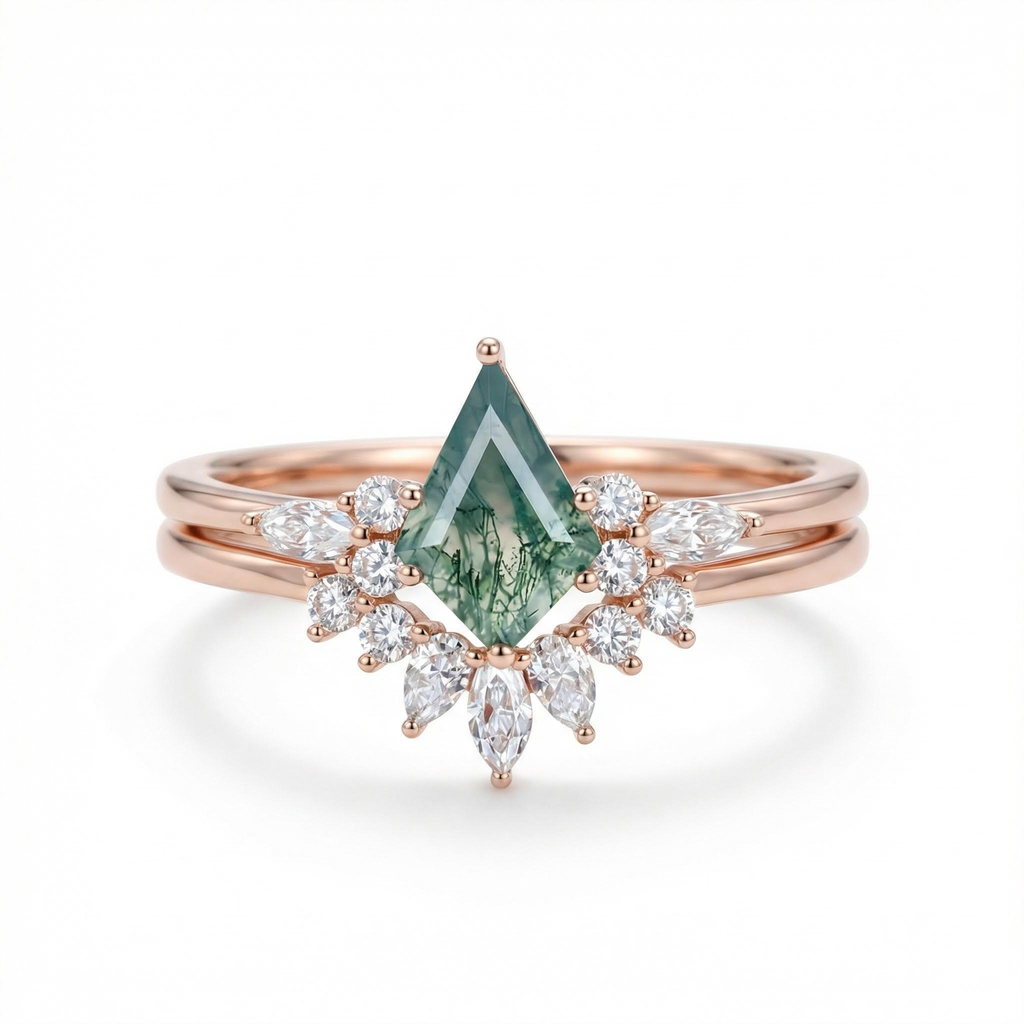 1.73CT Kite Cut Moss Agate & Round Moissanite S925 Silver Engagement Ring Set