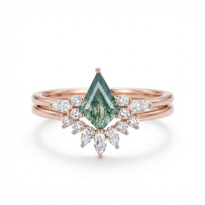 1.73CT Kite Cut Moss Agate & Round Moissanite S925 Silver Engagement Ring Set