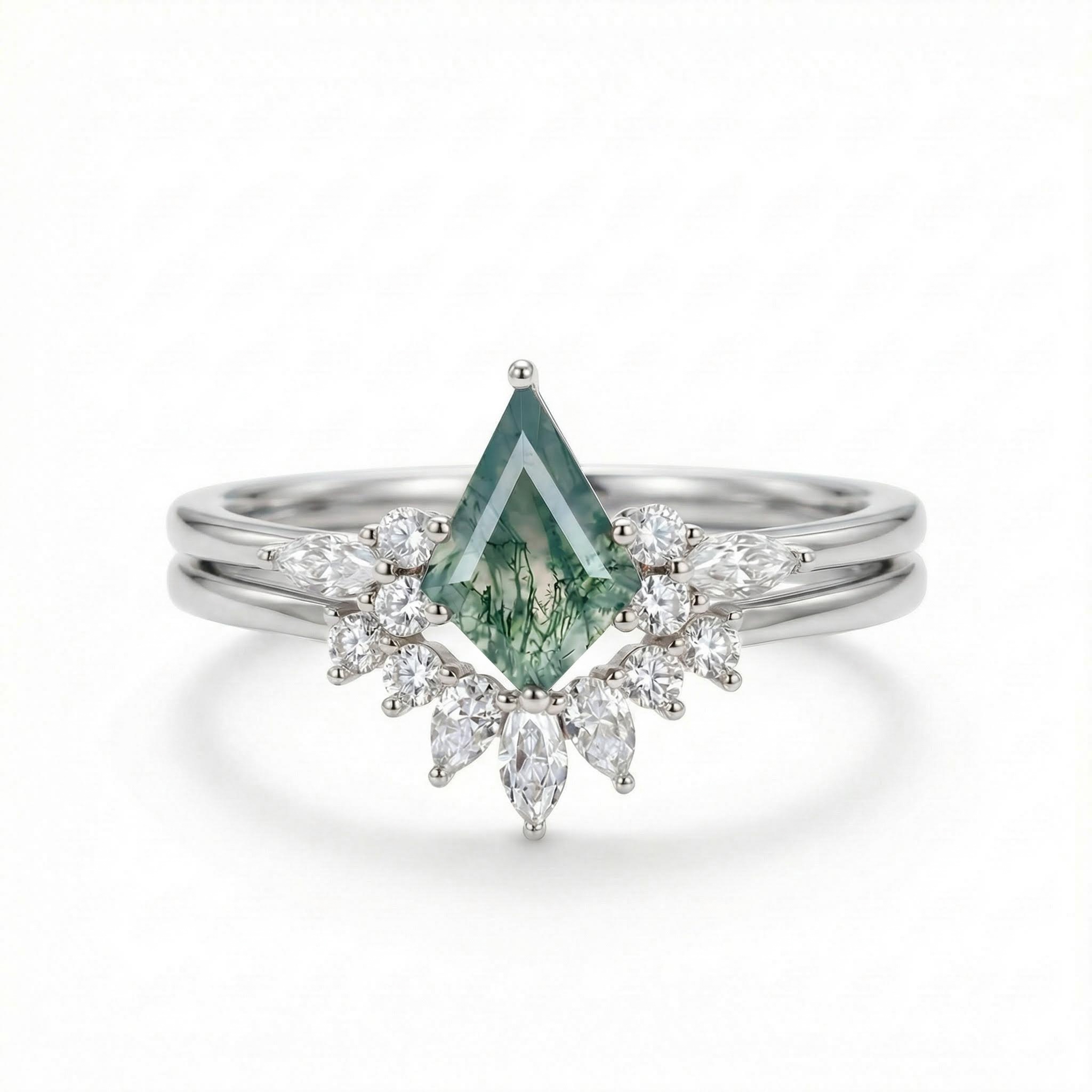 1.73CT Kite Cut Moss Agate & Round Moissanite S925 Silver Engagement Ring Set