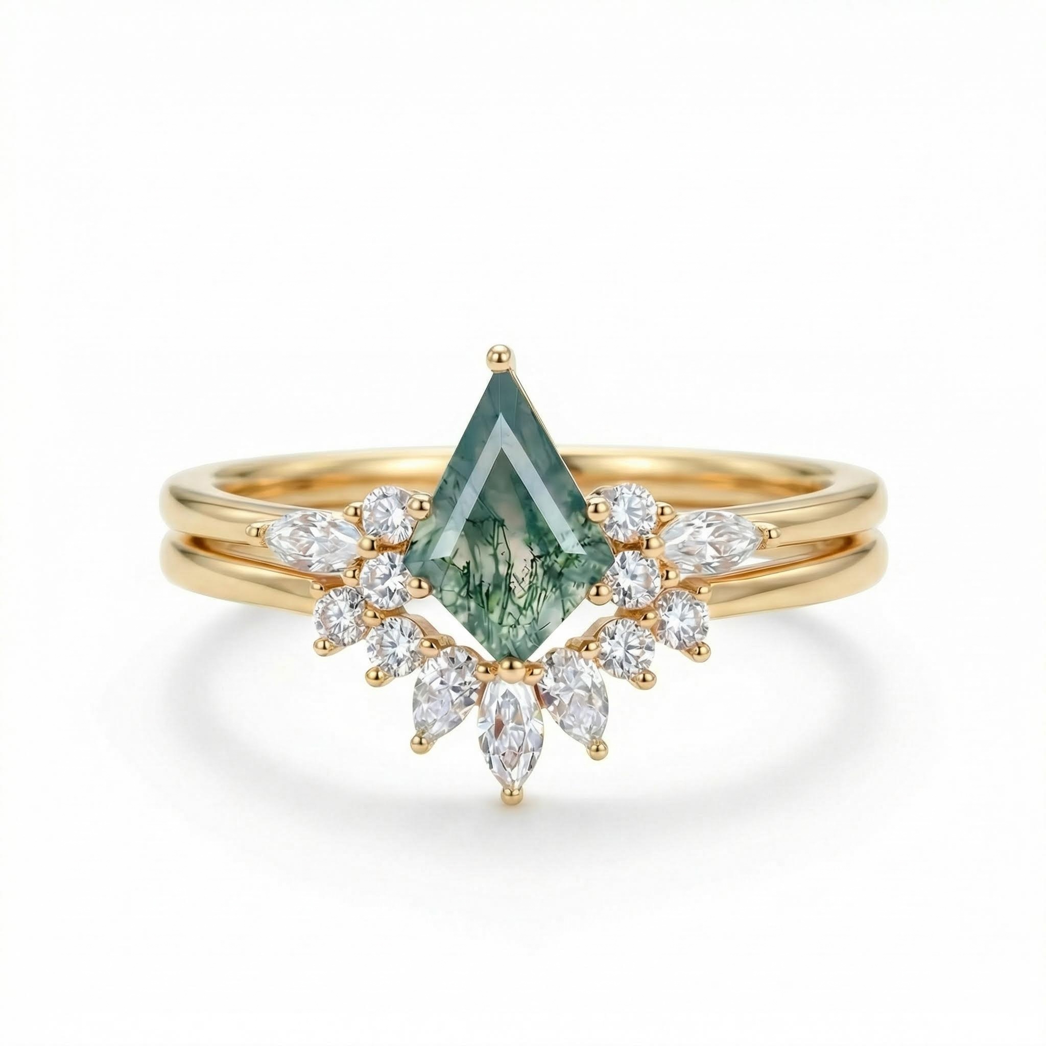 1.73CT Kite Cut Moss Agate & Round Moissanite S925 Silver Engagement Ring Set