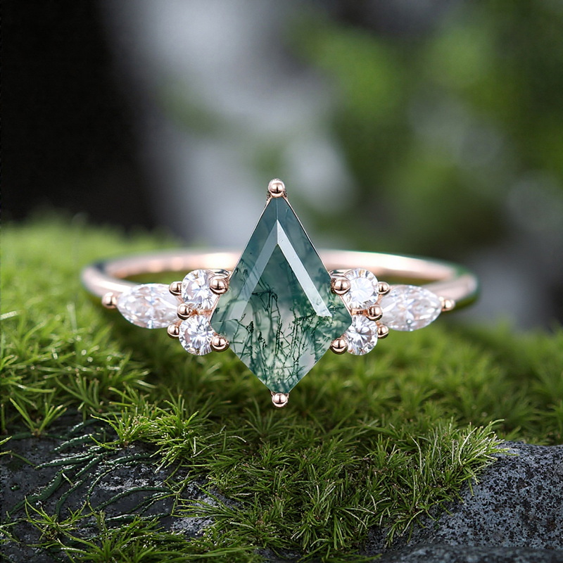1.44CT Kite Cut Moss Agate & Round Moissanite S925 Silver Engagement Ring