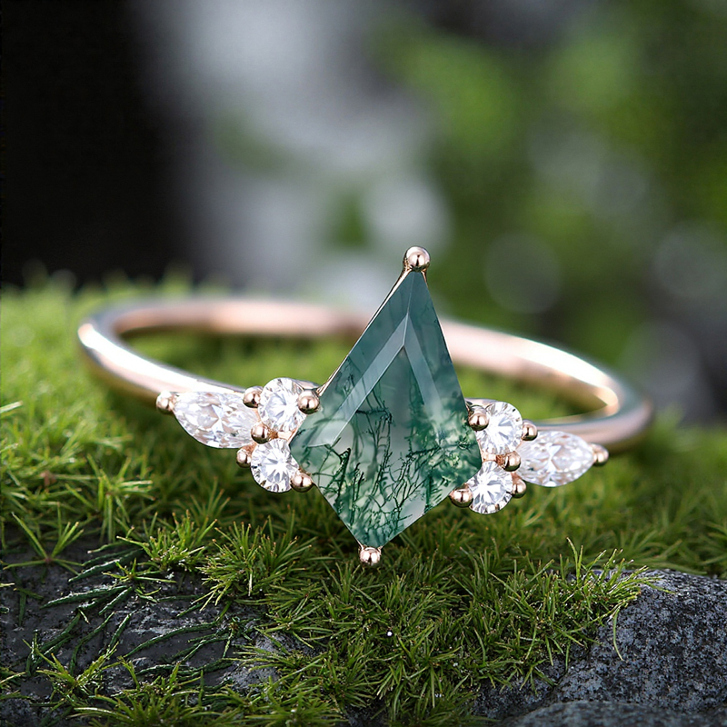 1.44CT Kite Cut Moss Agate & Round Moissanite S925 Silver Engagement Ring