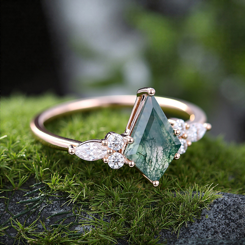 1.44CT Kite Cut Moss Agate & Round Moissanite S925 Silver Engagement Ring