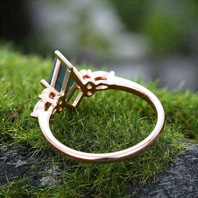 1.44CT Kite Cut Moss Agate & Round Moissanite S925 Silver Engagement Ring