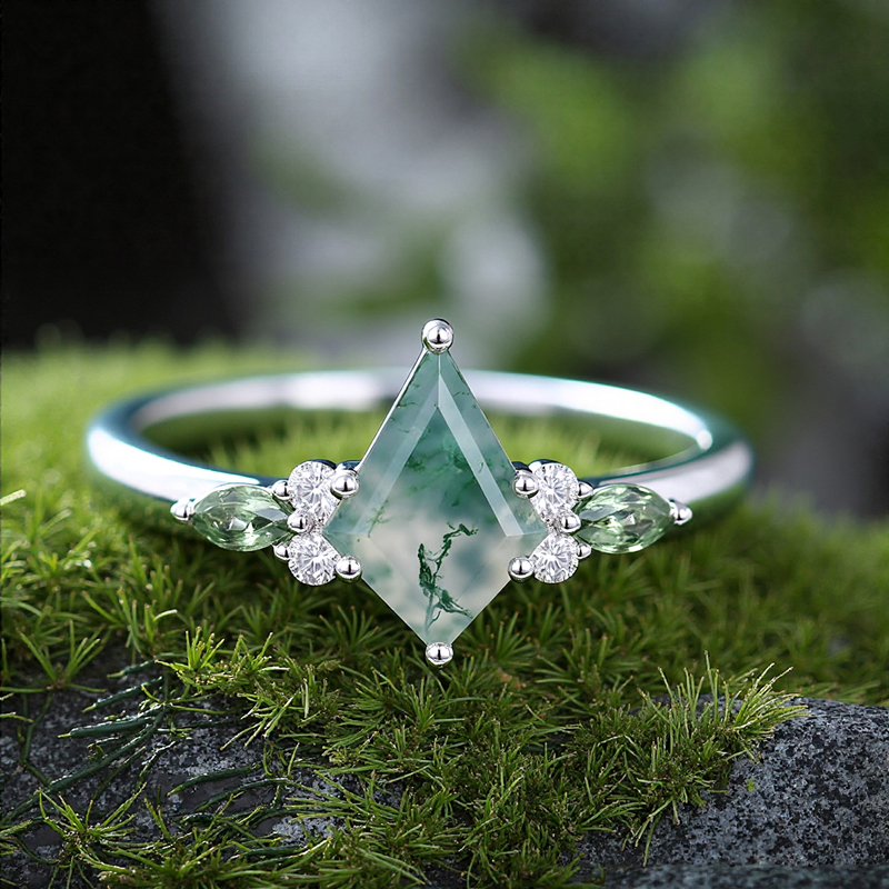 1.44CT Kite Cut Moss Agate & Marquise Cut Green Gemstone S925 Silver Engagement Ring