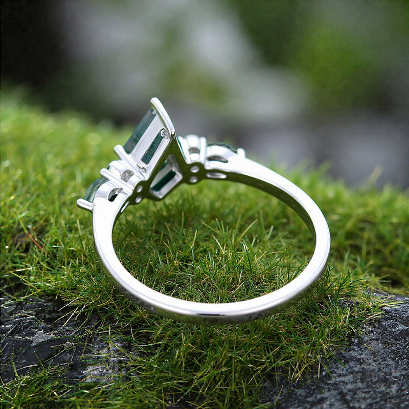 1.44CT Kite Cut Moss Agate & Marquise Cut Green Gemstone S925 Silver Engagement Ring