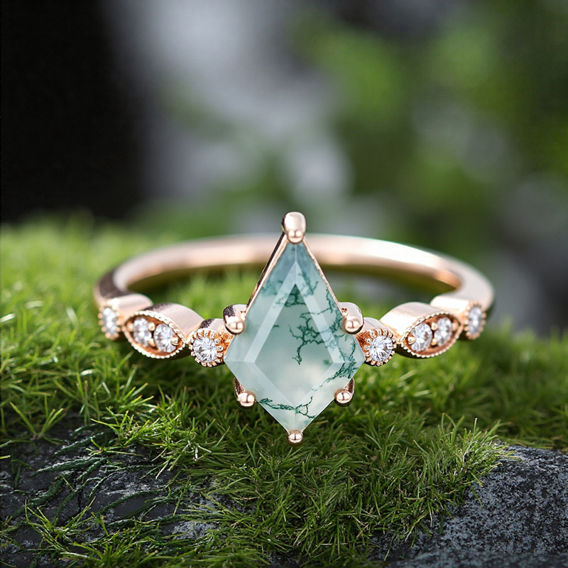 1.38CT Kite Cut Moss Agate Milgrain Detailing Promise S925 Silver Engagement Ring