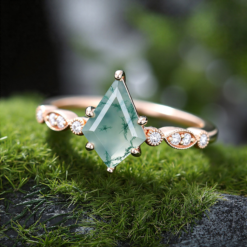 1.38CT Kite Cut Moss Agate Milgrain Detailing Promise S925 Silver Engagement Ring