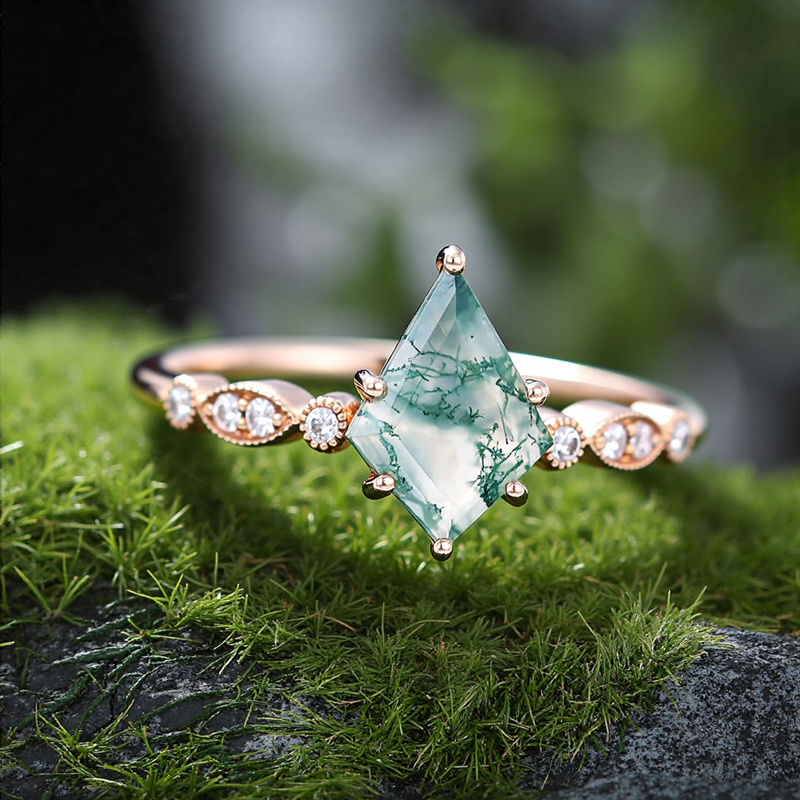 1.38CT Kite Cut Moss Agate Milgrain Detailing Promise S925 Silver Engagement Ring