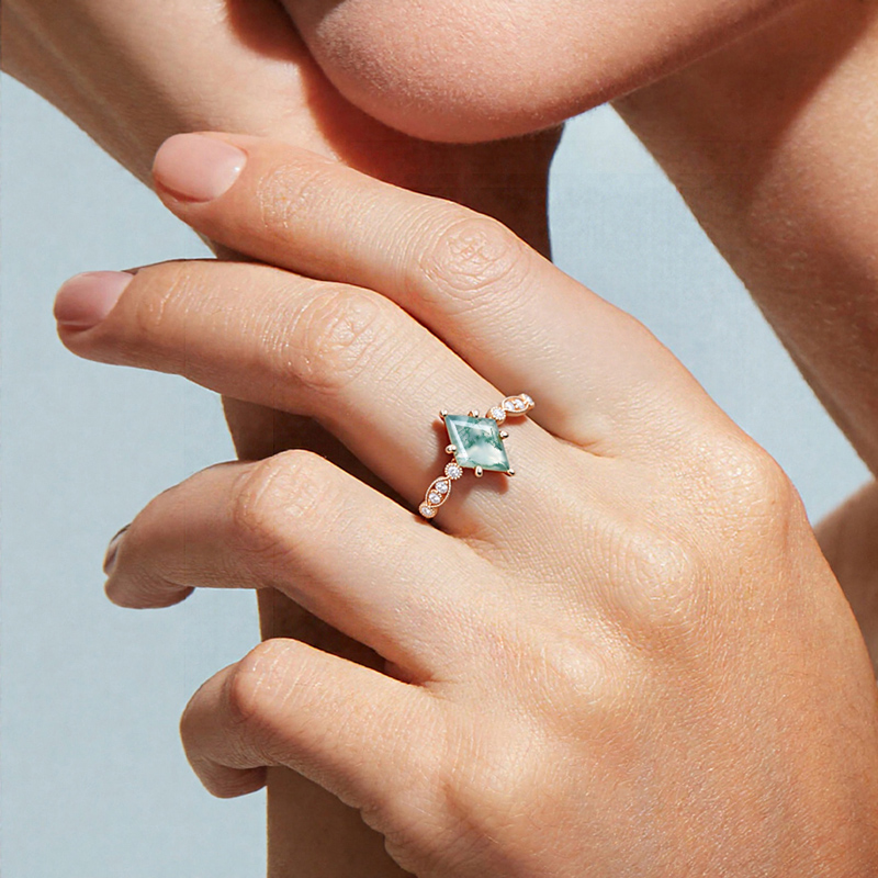1.38CT Kite Cut Moss Agate Milgrain Detailing Promise S925 Silver Engagement Ring