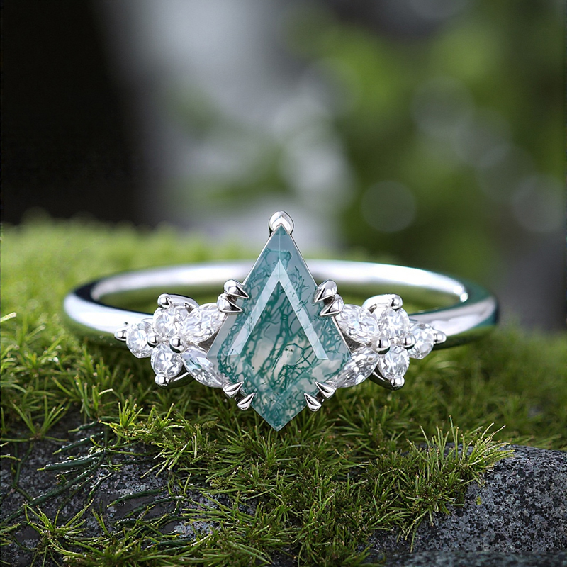1.56CT Kite Cut Moss Agate With Moissanite Blossom S925 Silver Engagement Ring 1.56CT Kite Cut Moss Agate With Moissanite Blossom S925 Silver Engagement Ring