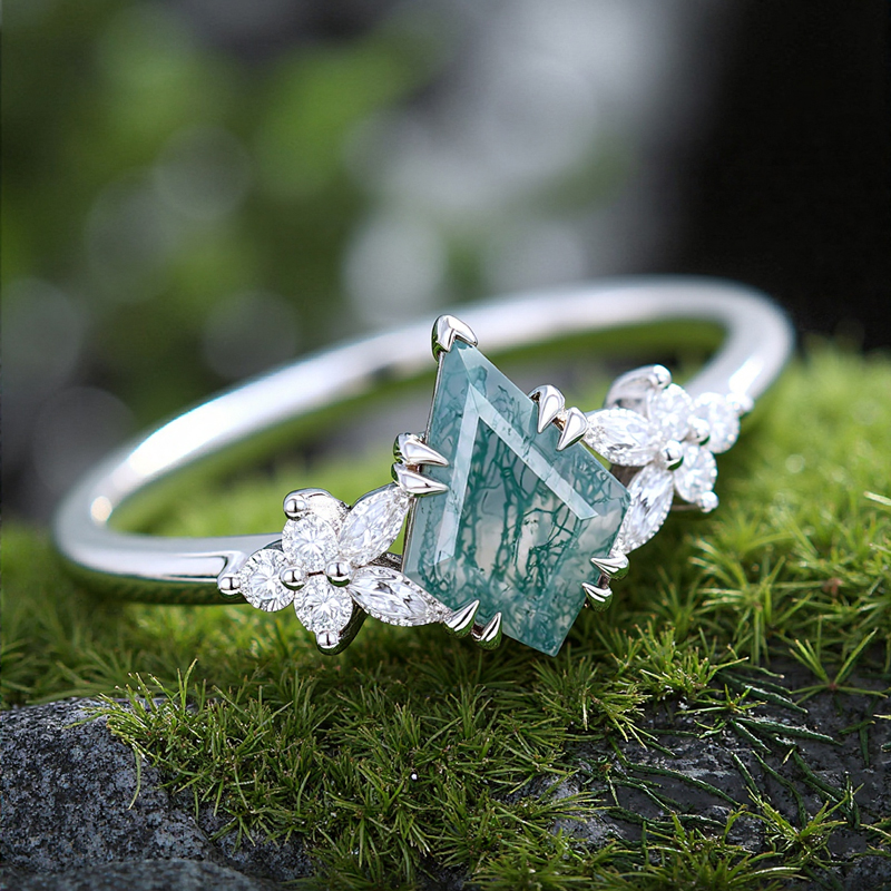 1.56CT Kite Cut Moss Agate With Moissanite Blossom S925 Silver Engagement Ring 1.56CT Kite Cut Moss Agate With Moissanite Blossom S925 Silver Engagement Ring