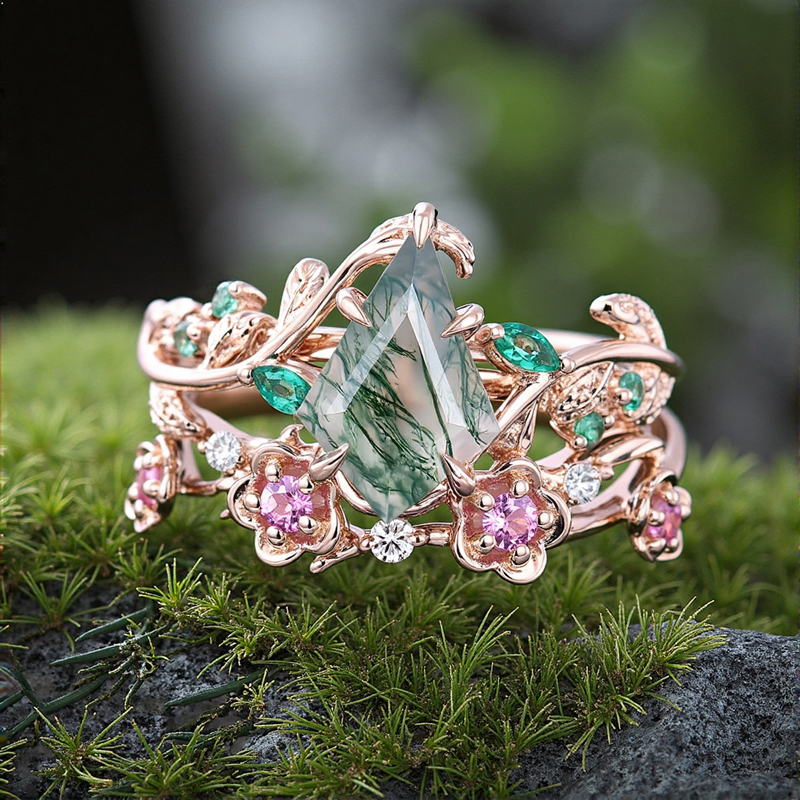 1.545CT Kite Cut Moss Agate & Round Cut Moissanite S925 Silver Nature Inspired Engagement Ring Set